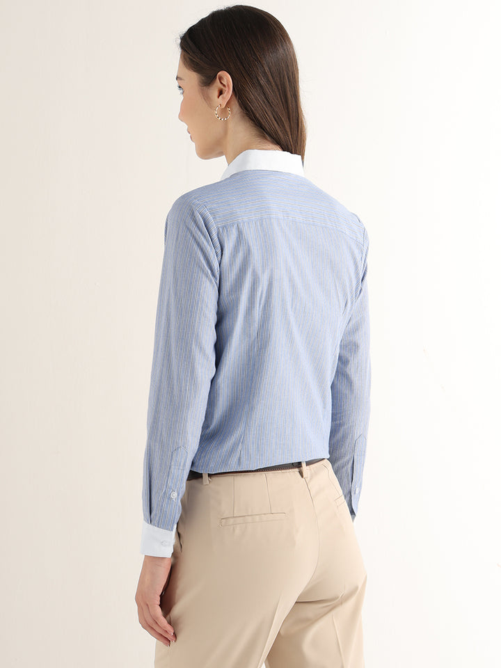 Hancock Women Blue Striped Pure Cotton Regular Fit Formal Shirt