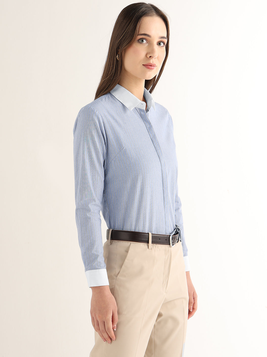 Hancock Women Blue Striped Pure Cotton Regular Fit Formal Shirt