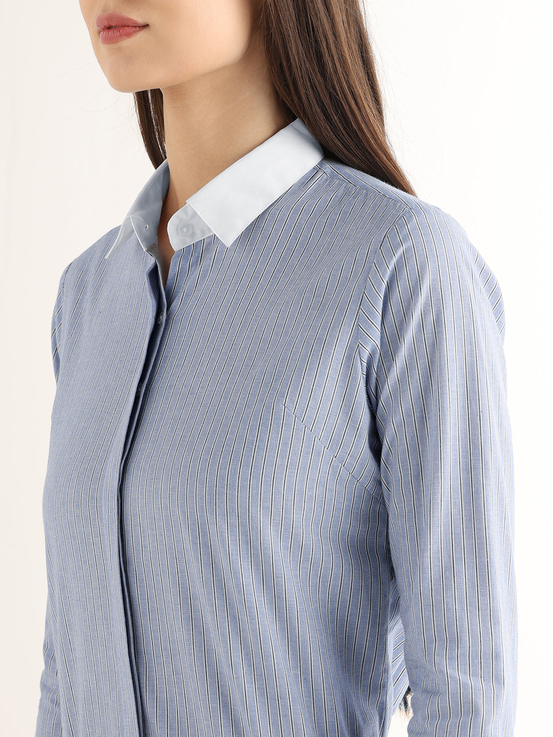 Hancock Women Blue Striped Pure Cotton Regular Fit Formal Shirt