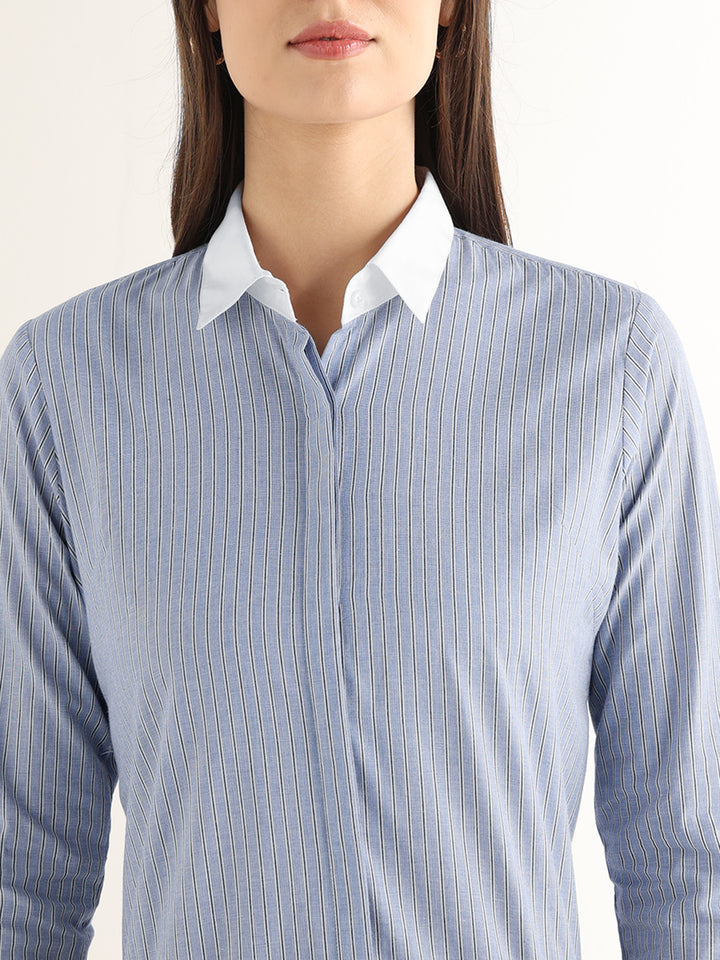 Hancock Women Blue Striped Pure Cotton Regular Fit Formal Shirt