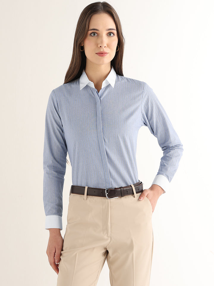 Hancock Women Blue Striped Pure Cotton Regular Fit Formal Shirt