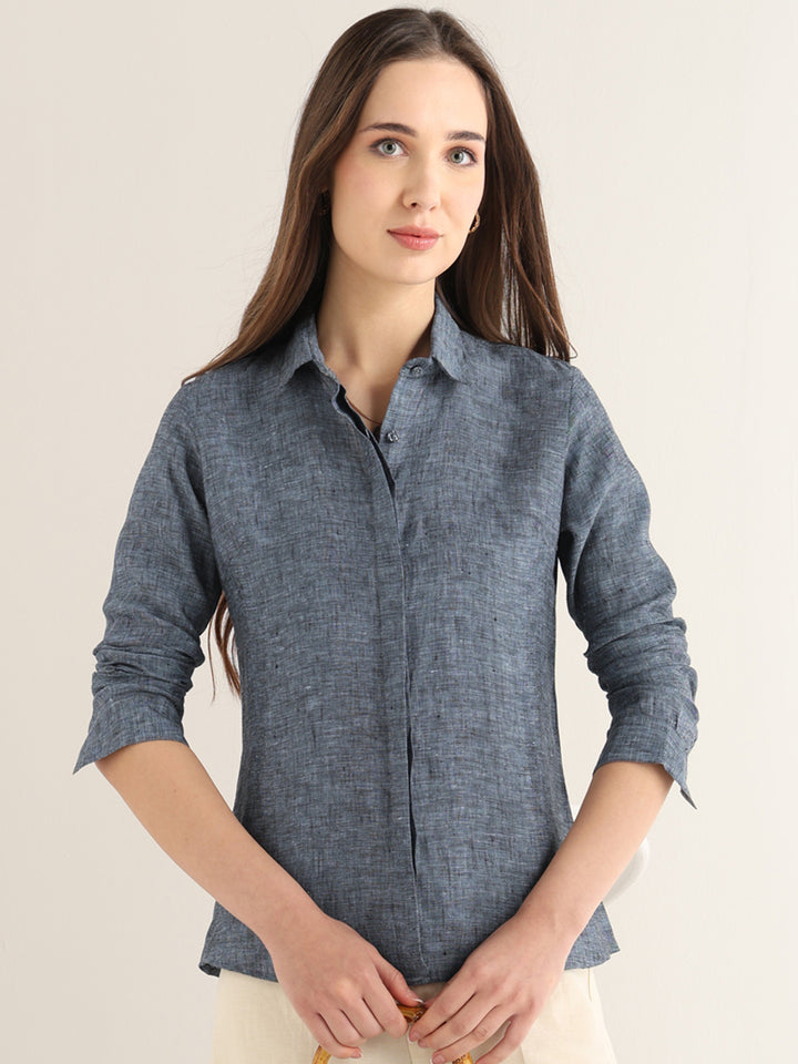 Hancock Women Navy Blue Solid Pure Linen Regular Fit Formal Shirt