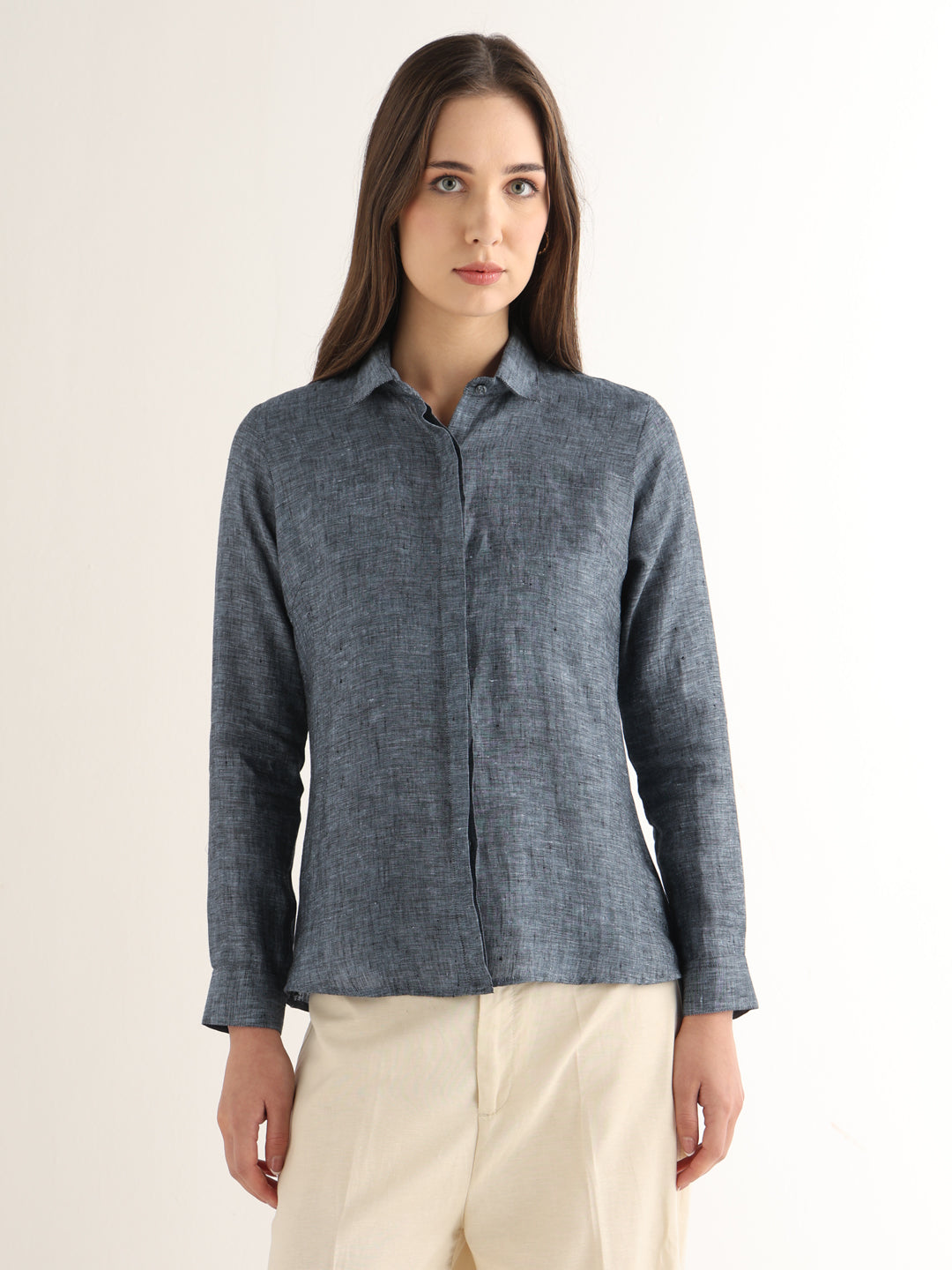 Hancock Women Navy Blue Solid Pure Linen Regular Fit Formal Shirt