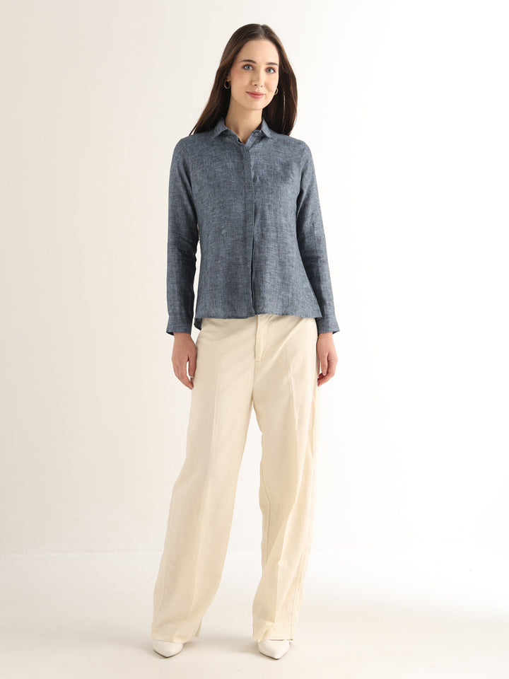 Hancock Women Navy Blue Solid Pure Linen Regular Fit Formal Shirt