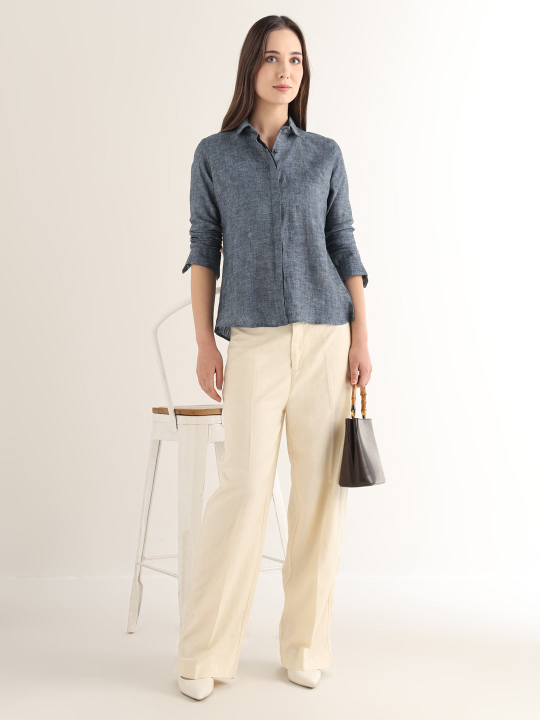 Hancock Women Navy Blue Solid Pure Linen Regular Fit Formal Shirt