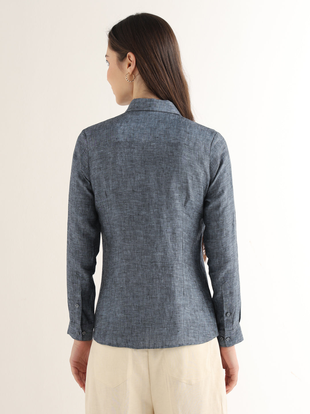 Hancock Women Navy Blue Solid Pure Linen Regular Fit Formal Shirt