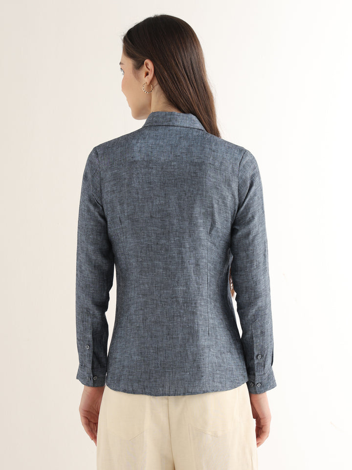 Hancock Women Navy Blue Solid Pure Linen Regular Fit Formal Shirt