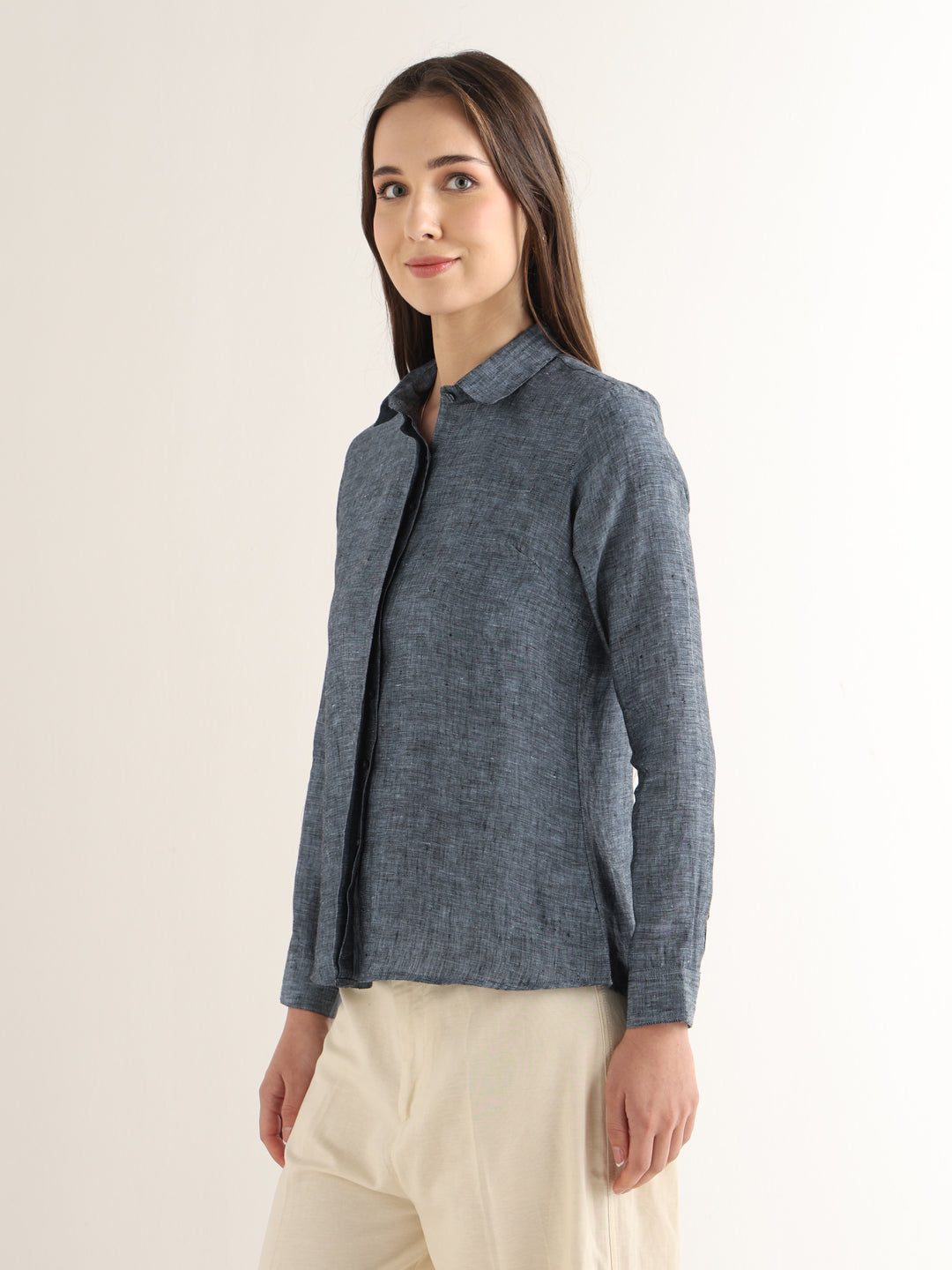 Hancock Women Navy Blue Solid Pure Linen Regular Fit Formal Shirt