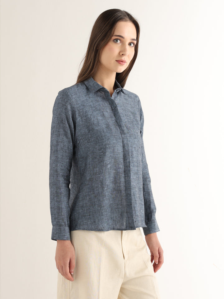 Hancock Women Navy Blue Solid Pure Linen Regular Fit Formal Shirt
