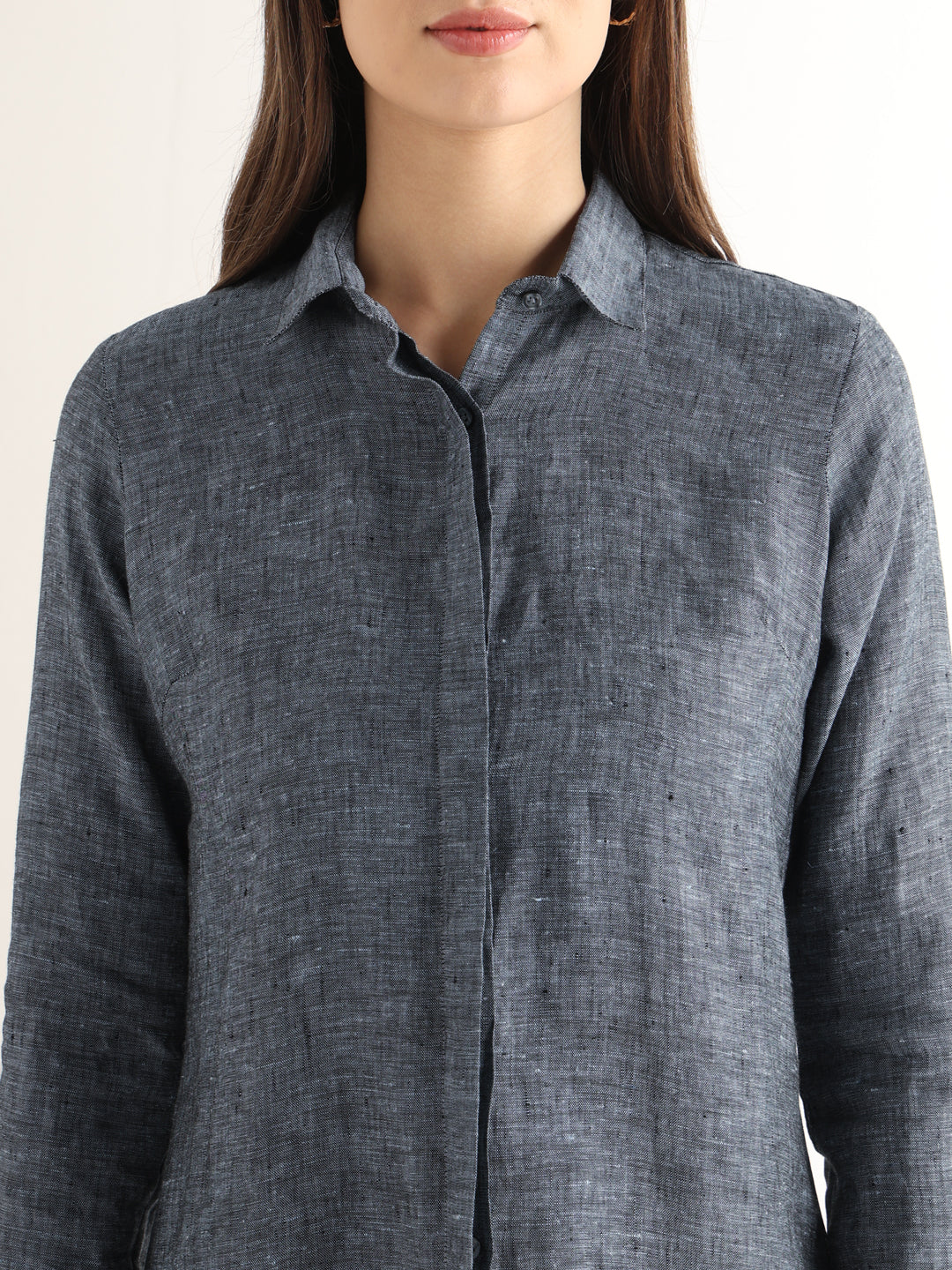 Hancock Women Navy Blue Solid Pure Linen Regular Fit Formal Shirt