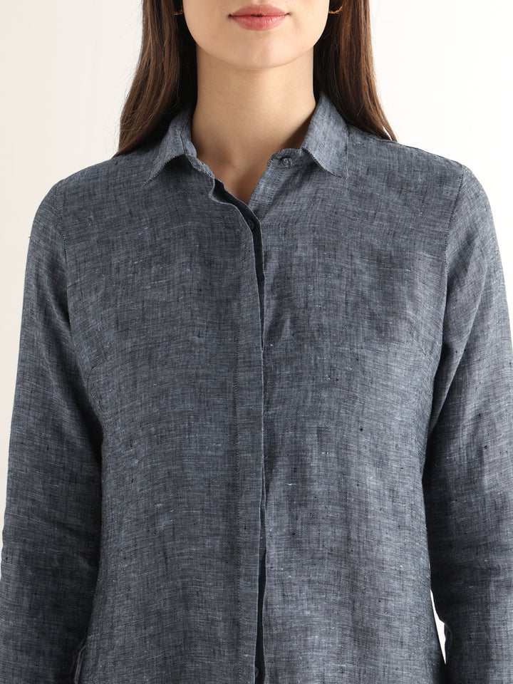 Hancock Women Navy Blue Solid Pure Linen Regular Fit Formal Shirt