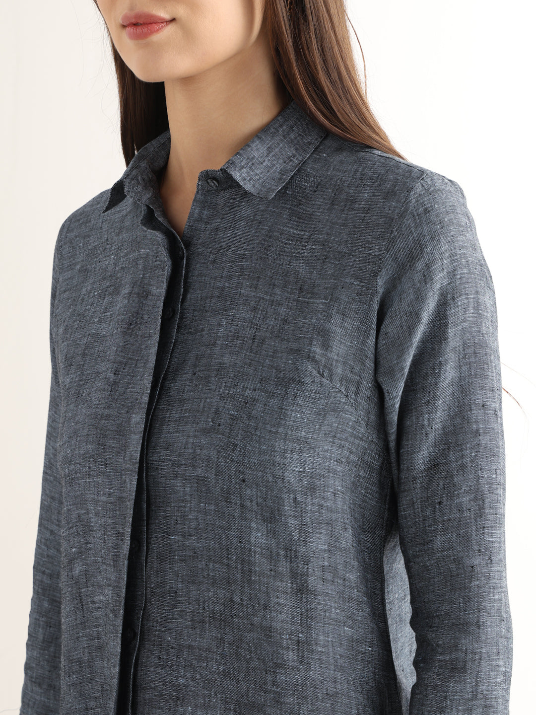 Hancock Women Navy Blue Solid Pure Linen Regular Fit Formal Shirt