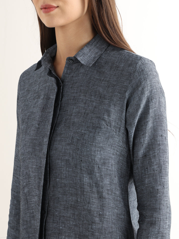 Hancock Women Navy Blue Solid Pure Linen Regular Fit Formal Shirt