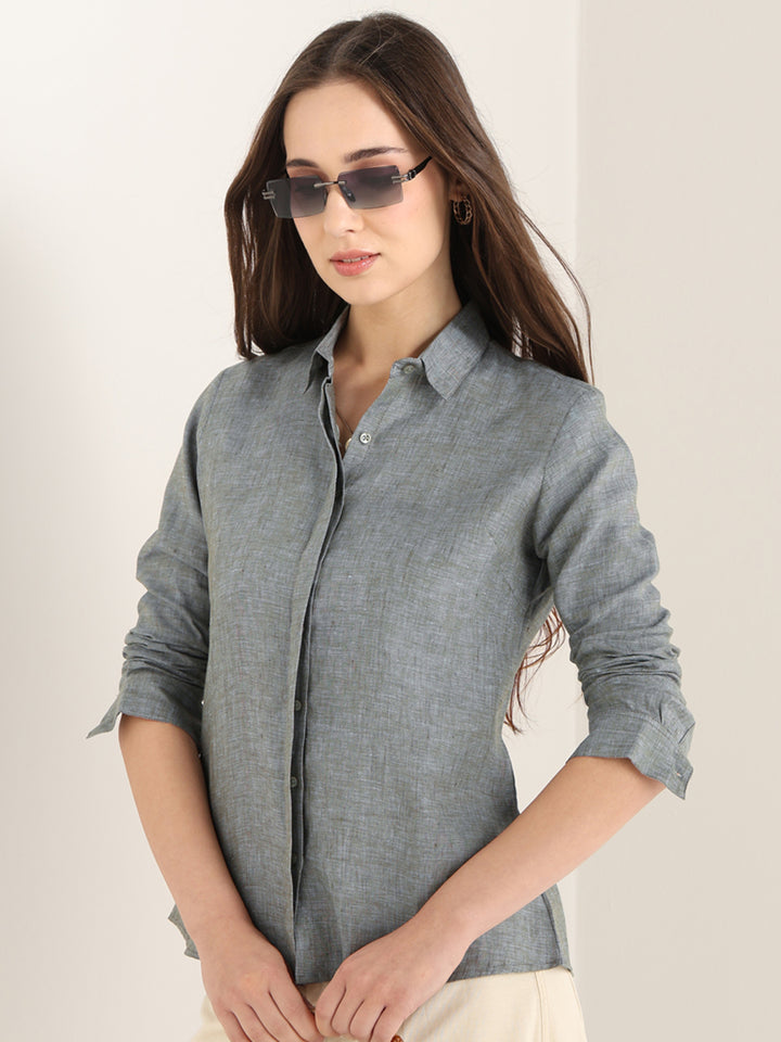 Hancock Women Sage Green Solid Pure Linen Regular Fit Formal Shirt