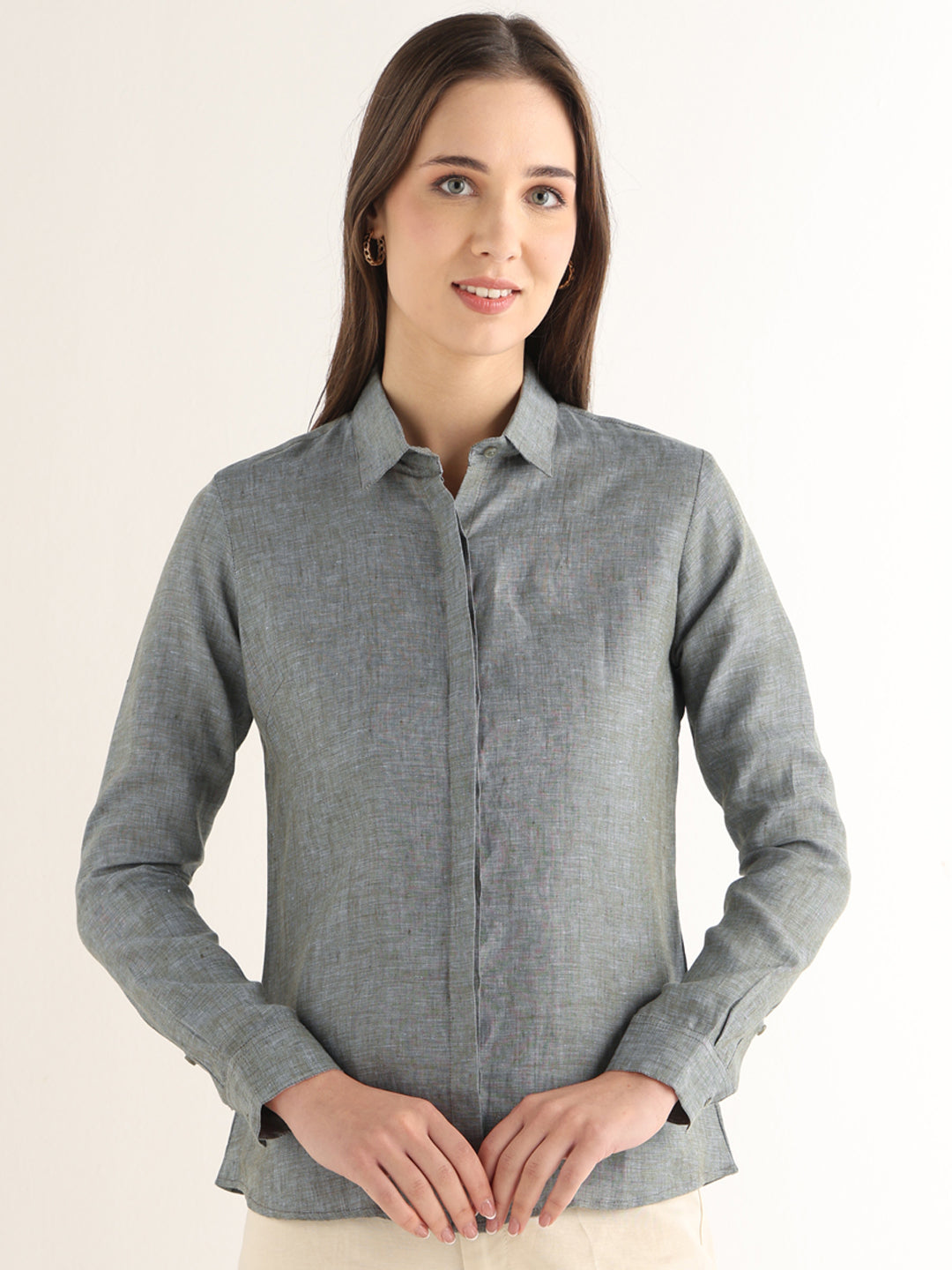 Hancock Women Sage Green Solid Pure Linen Regular Fit Formal Shirt