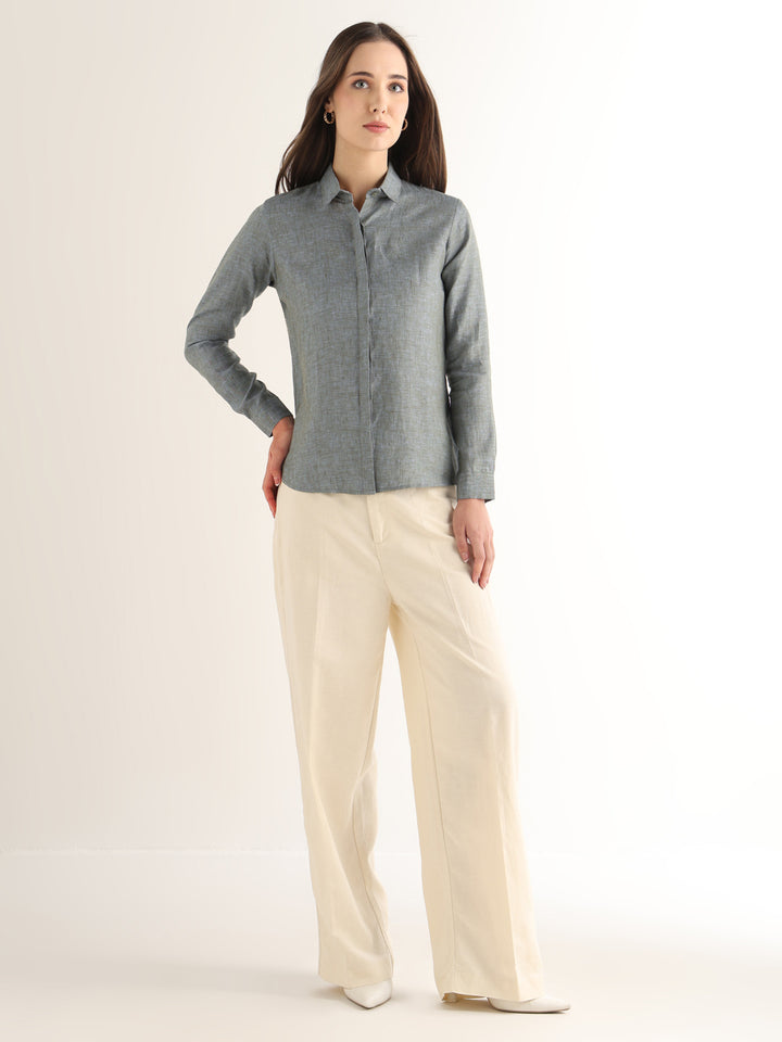 Hancock Women Sage Green Solid Pure Linen Regular Fit Formal Shirt