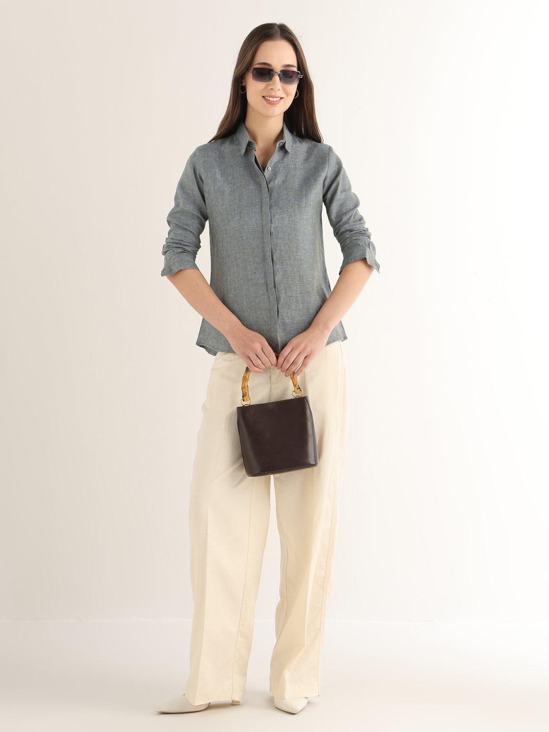 Hancock Women Sage Green Solid Pure Linen Regular Fit Formal Shirt
