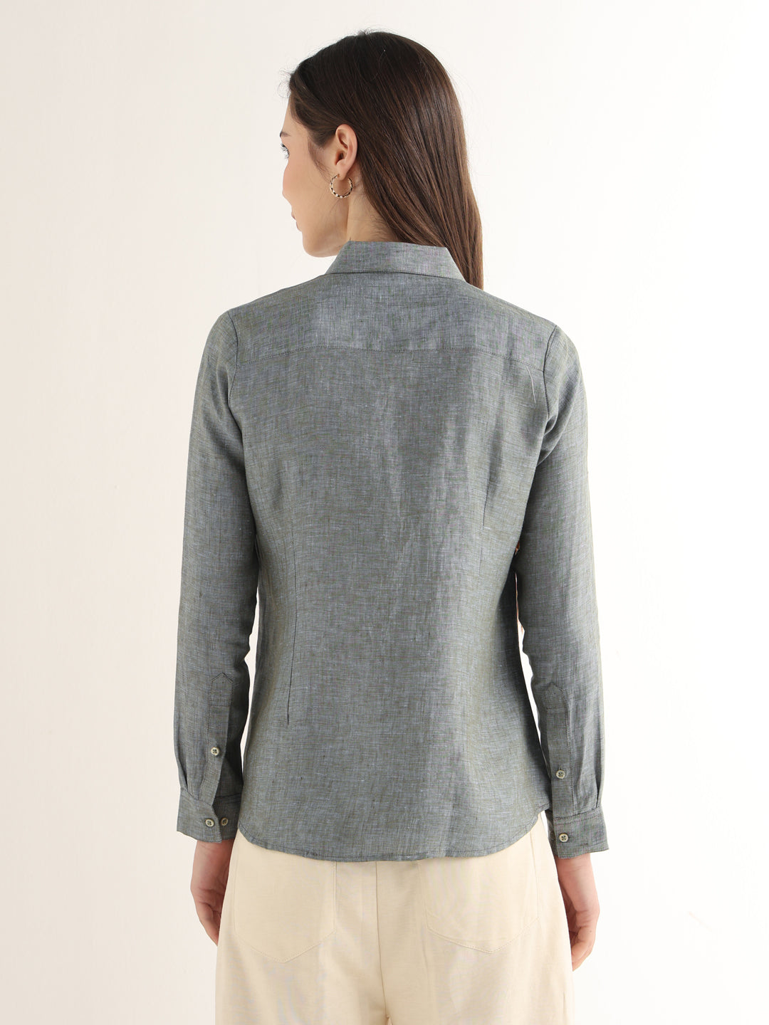 Hancock Women Sage Green Solid Pure Linen Regular Fit Formal Shirt