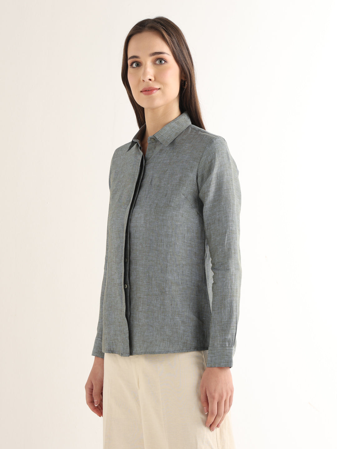 Hancock Women Sage Green Solid Pure Linen Regular Fit Formal Shirt