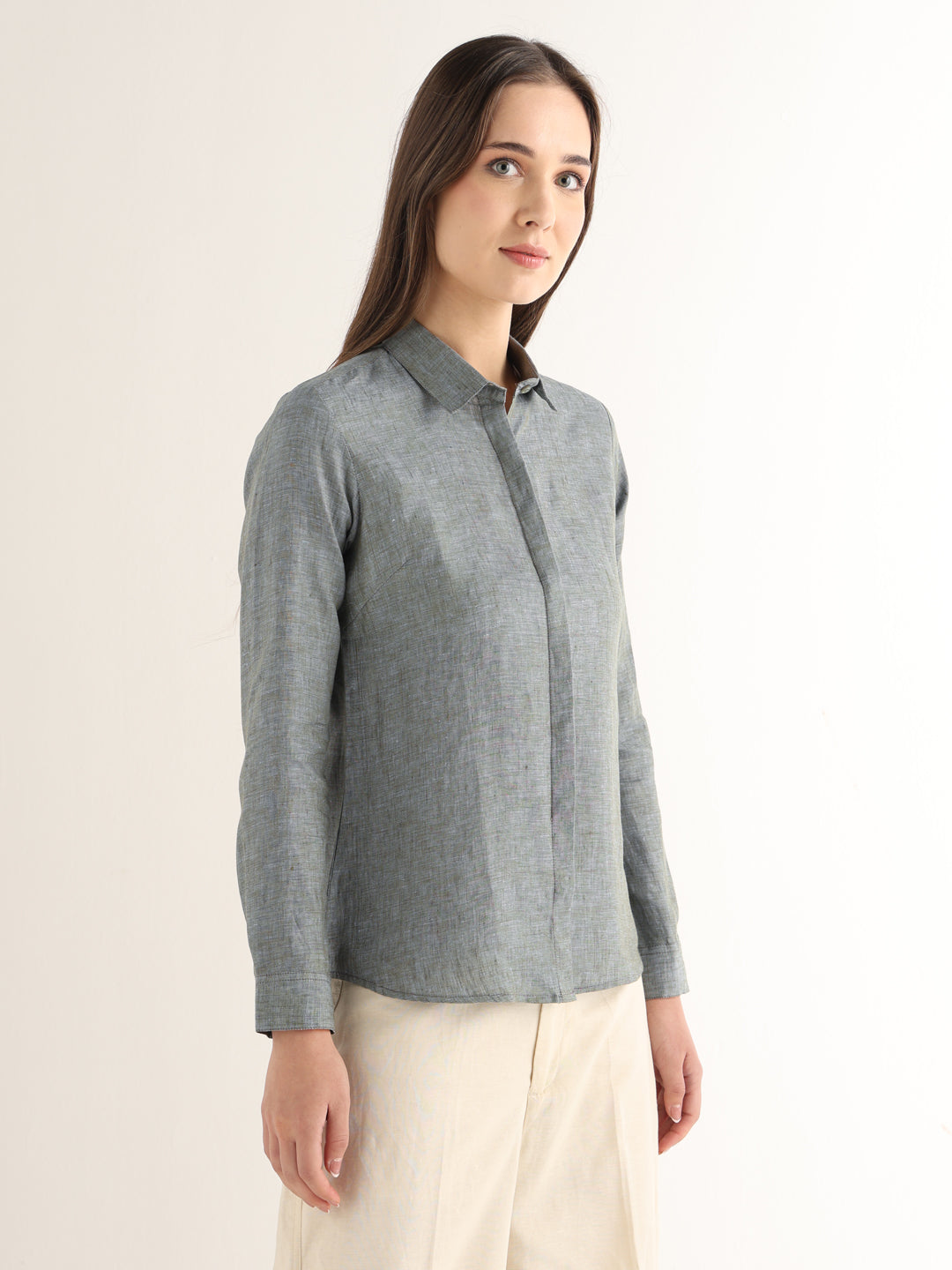 Hancock Women Sage Green Solid Pure Linen Regular Fit Formal Shirt