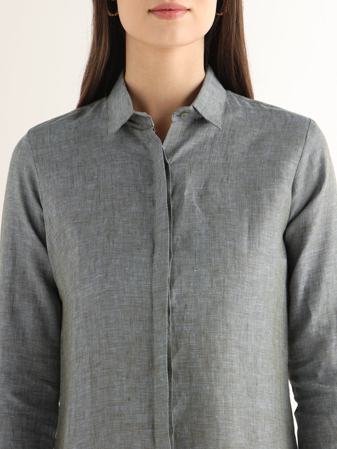 Hancock Women Sage Green Solid Pure Linen Regular Fit Formal Shirt