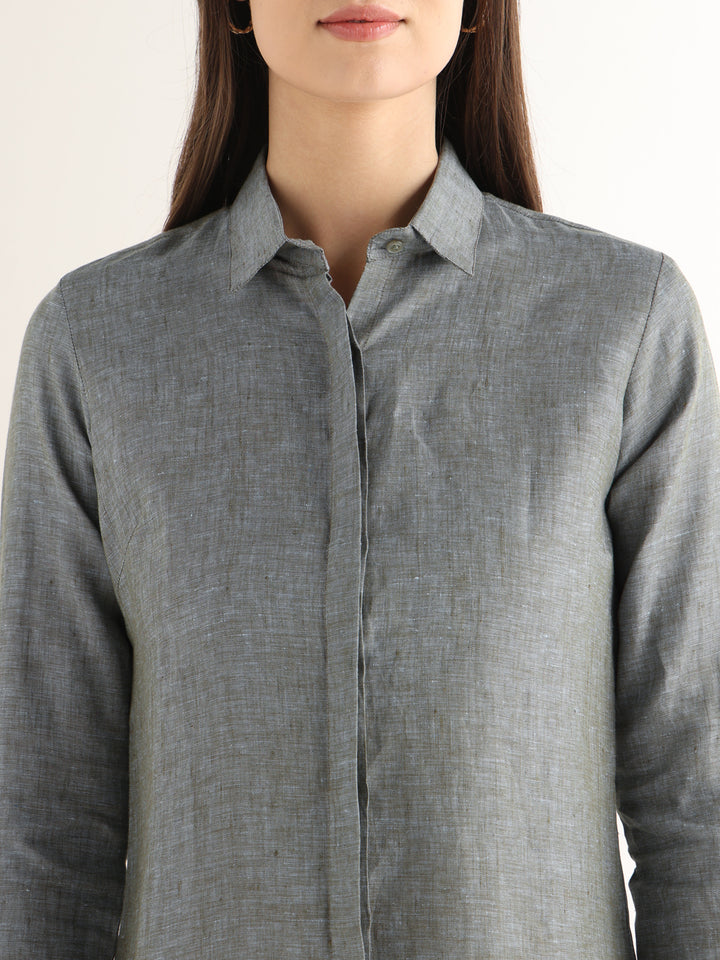Hancock Women Sage Green Solid Pure Linen Regular Fit Formal Shirt