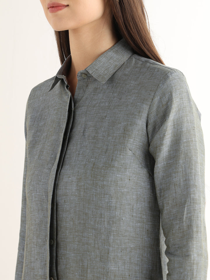 Hancock Women Sage Green Solid Pure Linen Regular Fit Formal Shirt