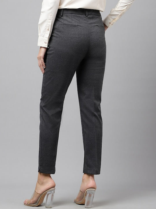 Hancock Women Dark Grey Self Design Flat- Front Ciggarate Fit Formal Trouser