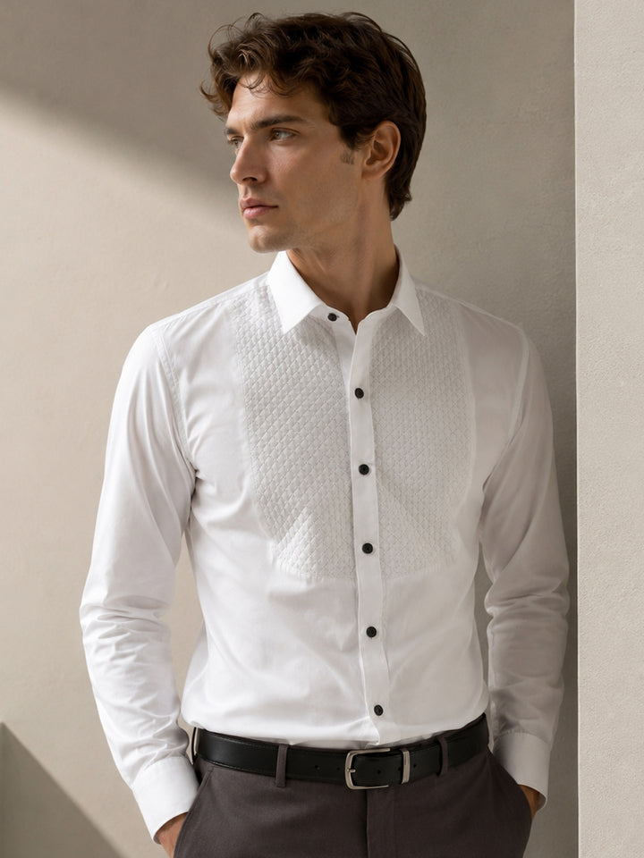 Men White Solid Tuxedo Quilted Pure Cotton Slim Fit Party Shirt