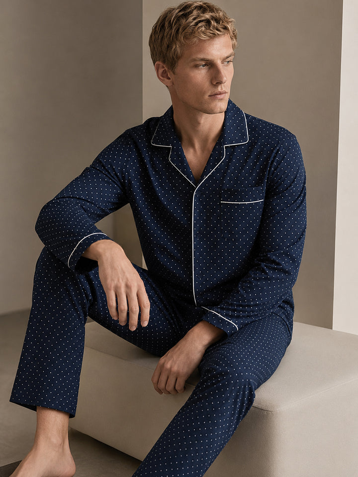 Men Navy Polka Dot Printed Pure Cotton Regular Fit Night Wear Night Suit