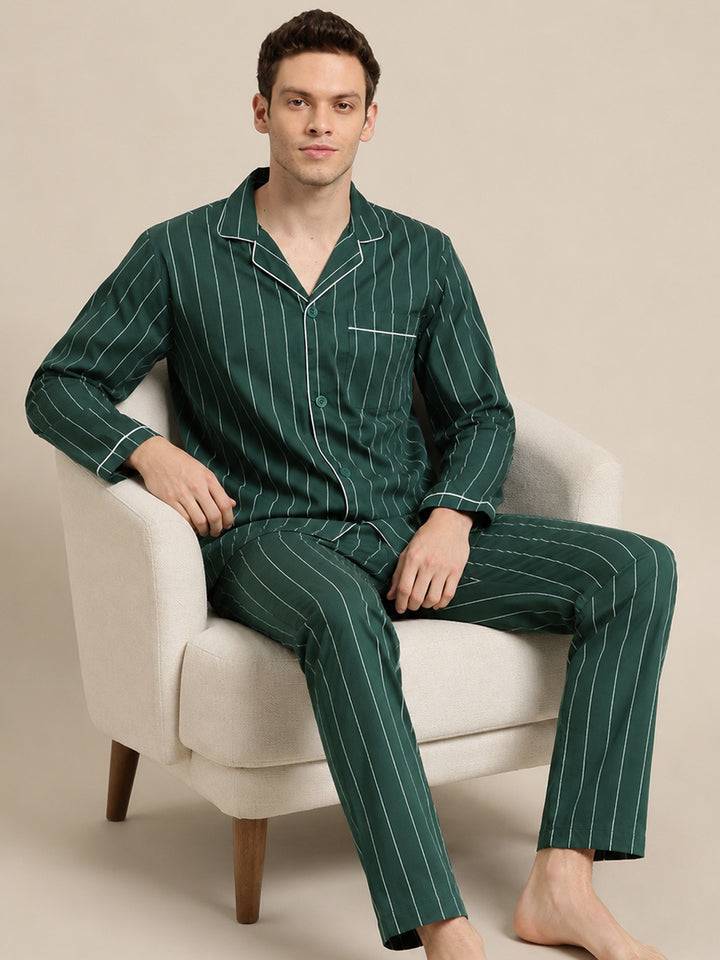 Men Bottle Green Stripes Pure Cotton Regular Fit Night Wear Night Suit