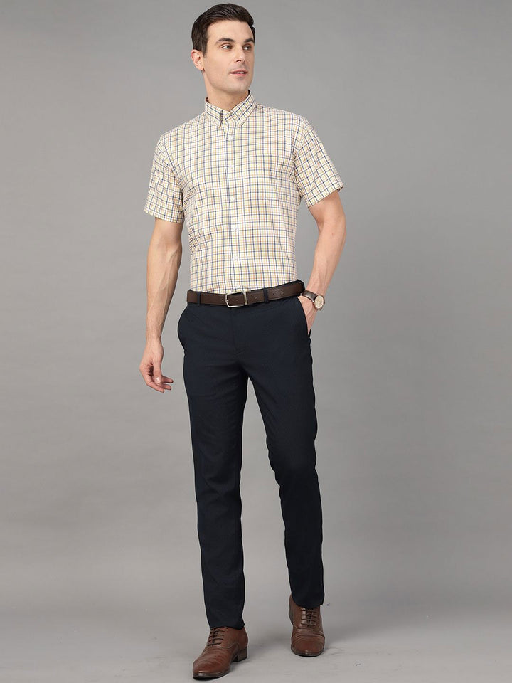 Hancock Men Cream & Yellow Checks Pure Cotton Slim Fit Formal Shirt