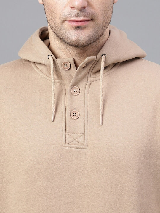 Men Beige Solid Half Button Placket Long Sleeves Fleece Hooded Sweatshirt