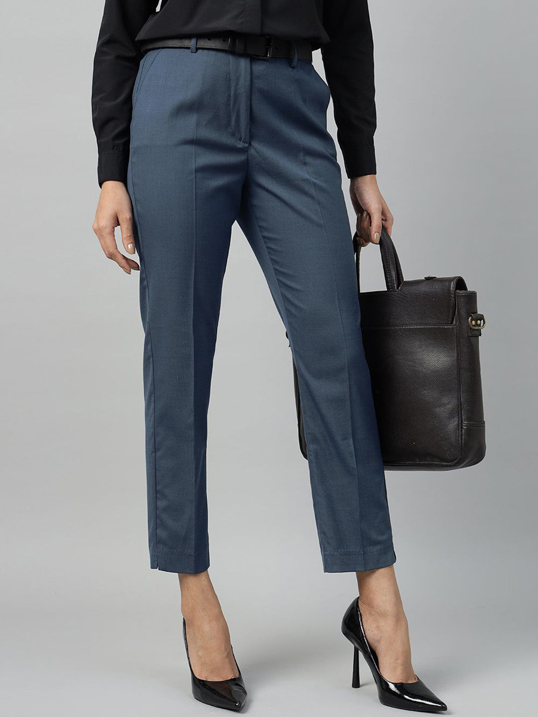 Hancock Women Blue Solid Polyester Slim Fit Formal Trouser