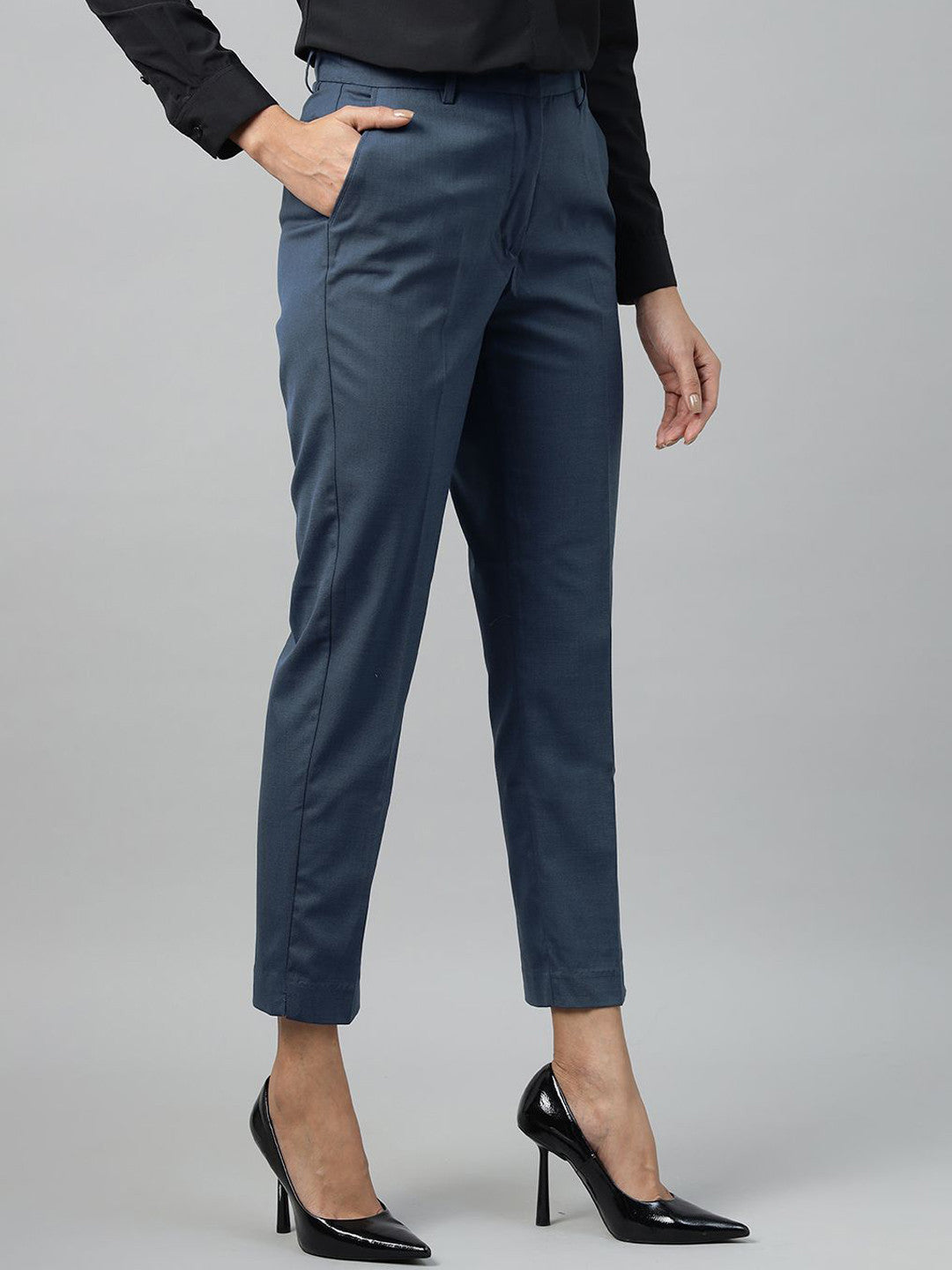 Hancock Women Blue Solid Polyester Slim Fit Formal Trouser