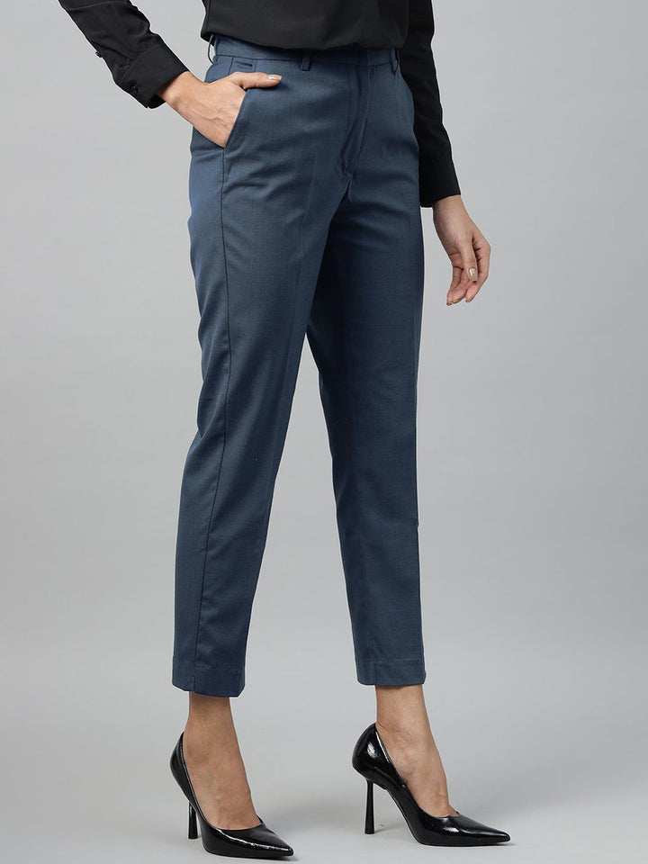 Hancock Women Blue Solid Polyester Slim Fit Formal Trouser