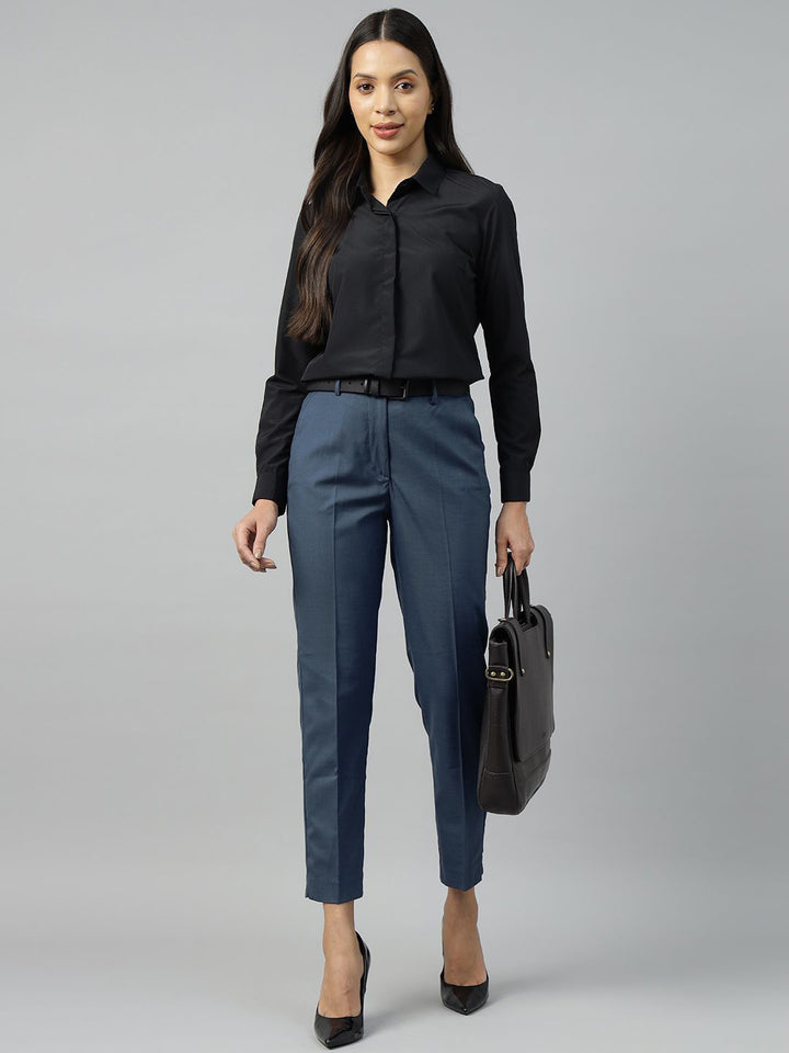Hancock Women Blue Solid Polyester Slim Fit Formal Trouser