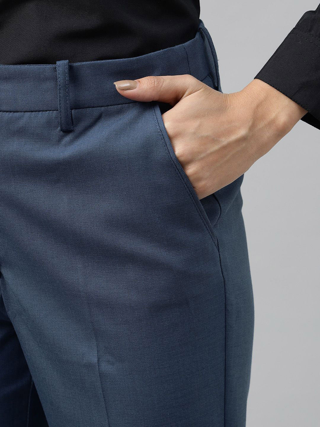 Hancock Women Blue Solid Polyester Slim Fit Formal Trouser