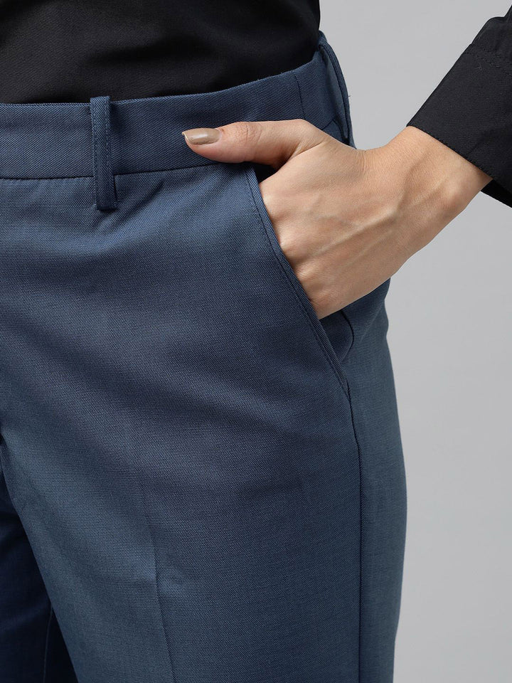 Hancock Women Blue Solid Polyester Slim Fit Formal Trouser