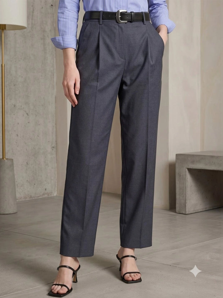 Hancock Women Denim Blue Solid Polyester Wide Leg Formal Trouser