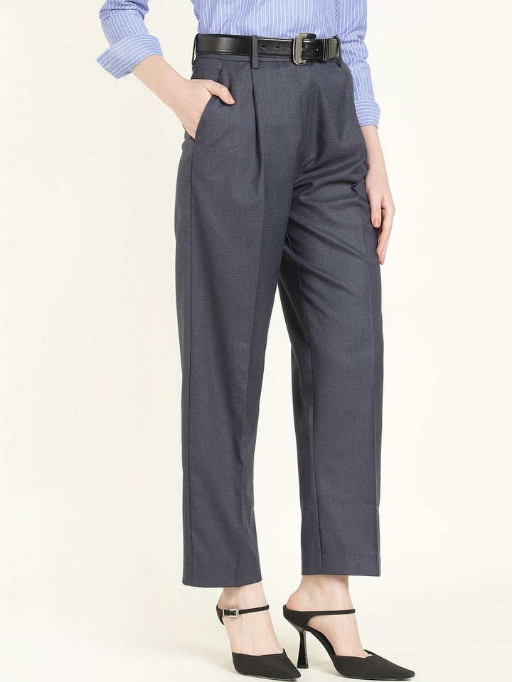 Hancock Women Denim Blue Solid Polyester Wide Leg Formal Trouser