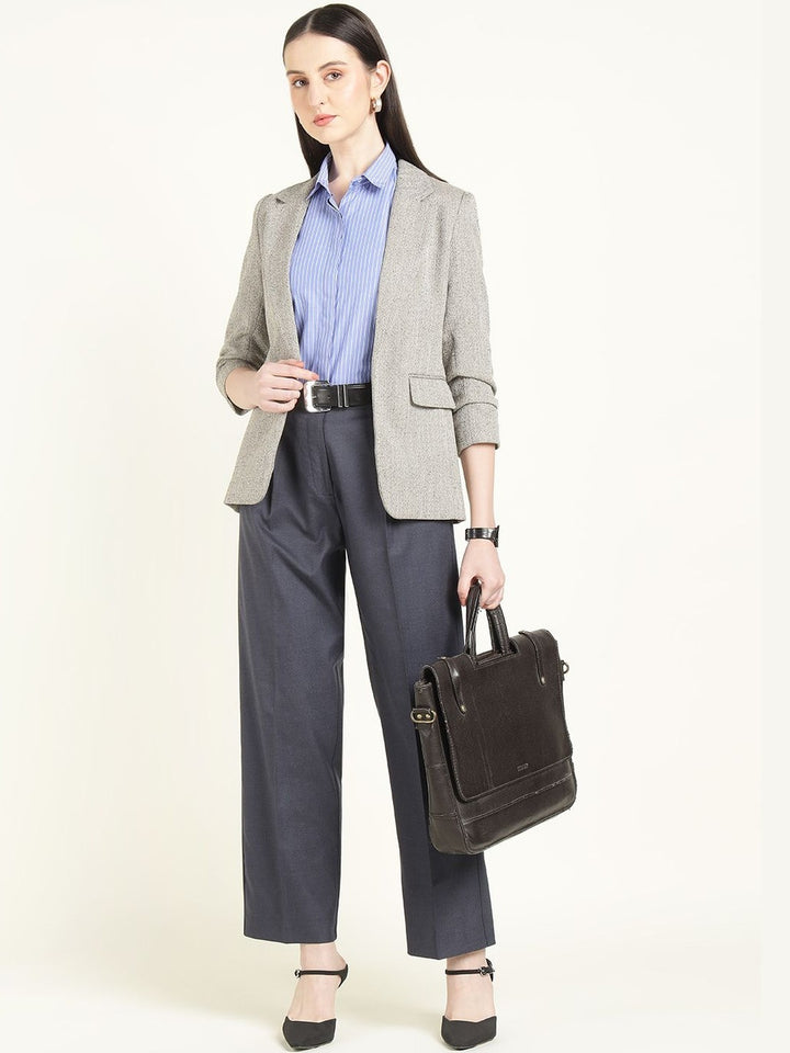 Hancock Women Denim Blue Solid Polyester Wide Leg Formal Trouser