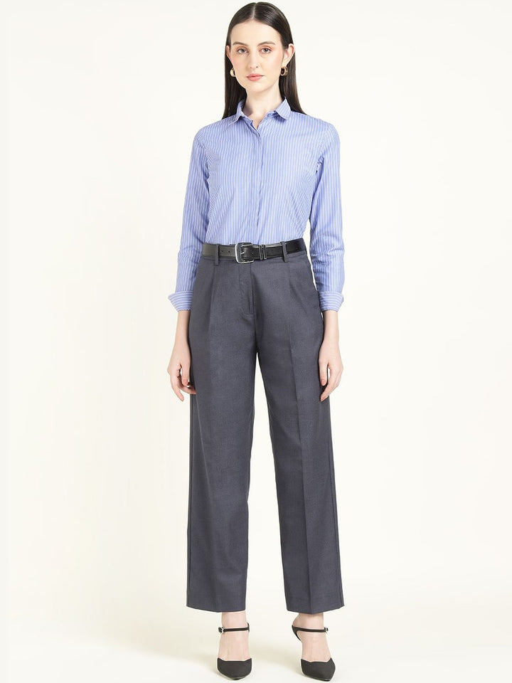 Hancock Women Denim Blue Solid Polyester Wide Leg Formal Trouser