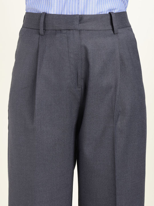 Hancock Women Denim Blue Solid Polyester Wide Leg Formal Trouser