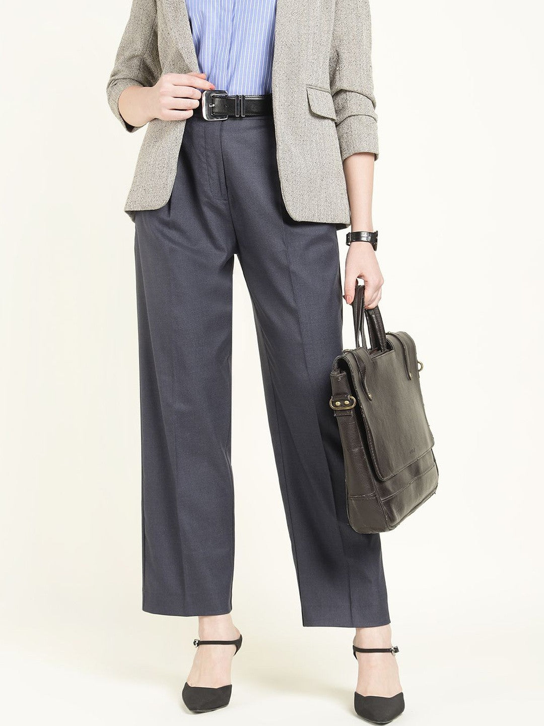 Hancock Women Denim Blue Solid Polyester Wide Leg Formal Trouser