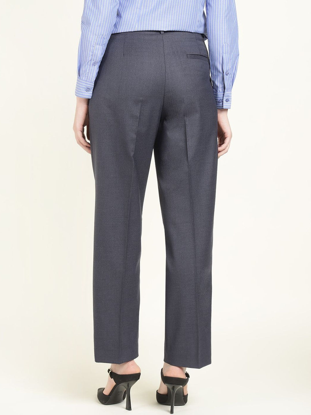 Hancock Women Denim Blue Solid Polyester Wide Leg Formal Trouser
