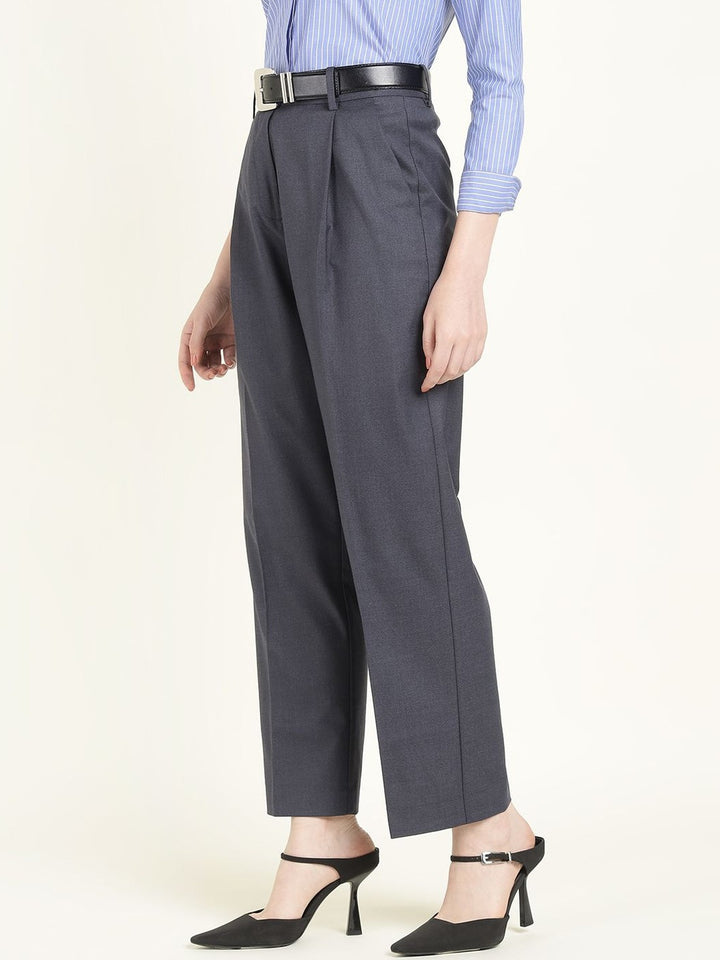 Hancock Women Denim Blue Solid Polyester Wide Leg Formal Trouser