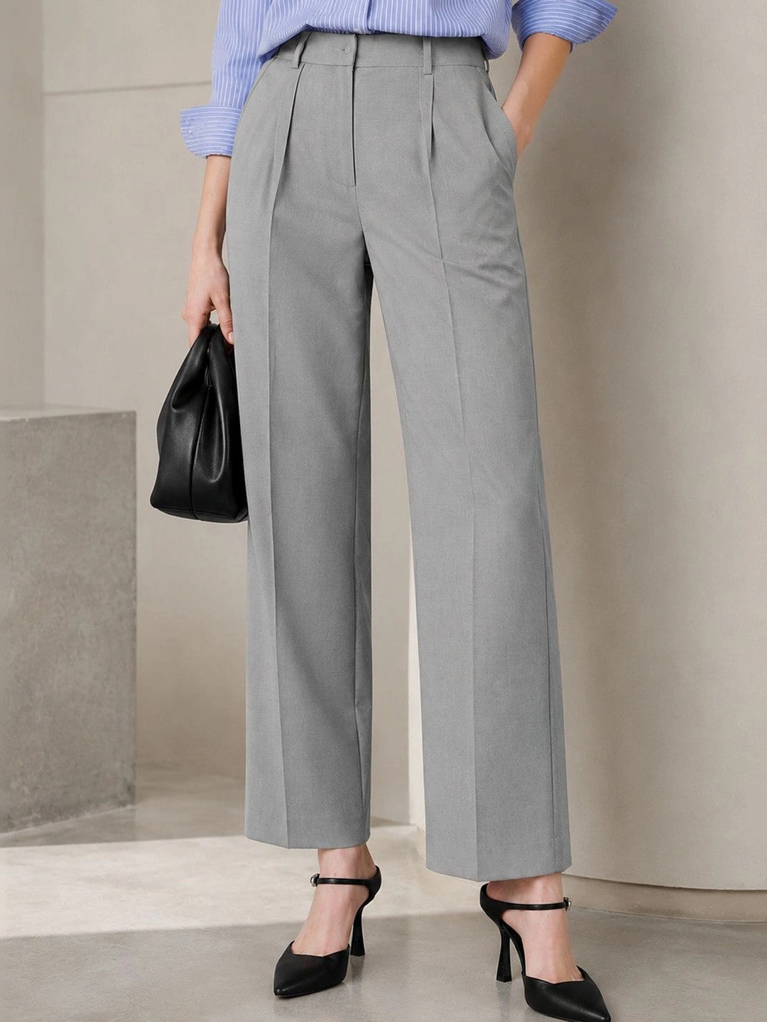 Hancock Women Grey Solid Polyester Wide Leg Formal Trouser