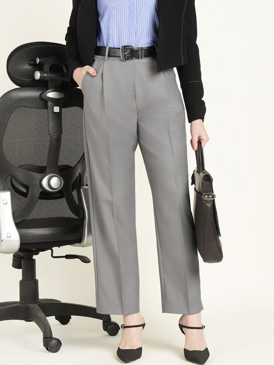 Hancock Women Grey Solid Polyester Wide Leg Formal Trouser