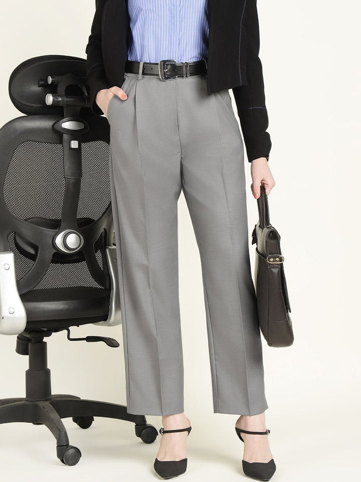 Hancock Women Grey Solid Polyester Wide Leg Formal Trouser
